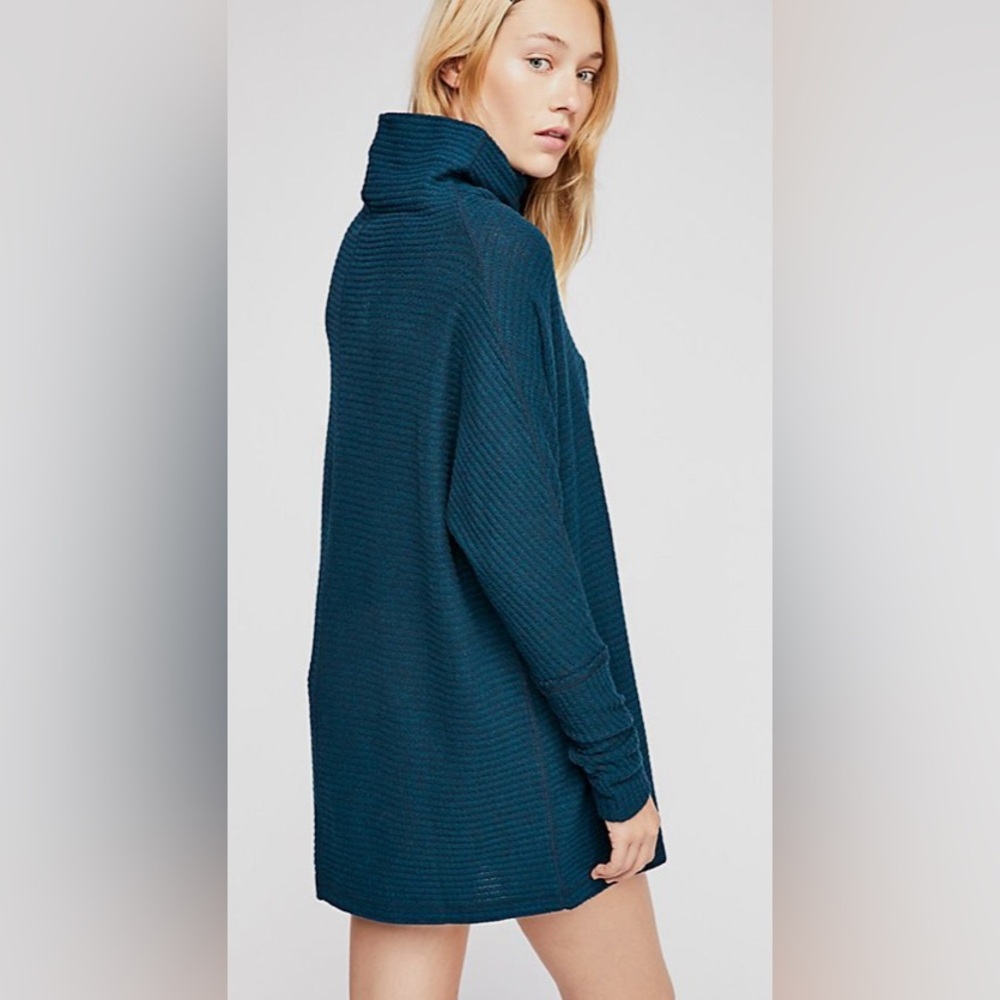 Free People We The Free Teal Cowl Neck Thermal Waffle-Knit Tunic Sweater Teal XS - Picture 3 of 13